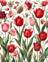 Obraz premium Beautiful Floral Pattern: Red Tulips, Flowers and Greenery on White