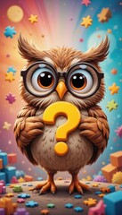 Curious Owl with Question Mark, Cartoon Illustration