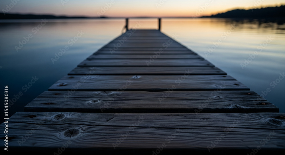 Poster close-up view of dark wooden planks on a dock extending into calm water at sunset, showcasing sereni