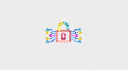 Fototapeta premium Abstract Neon Padlock with Circuit Lines Digital Security Concept