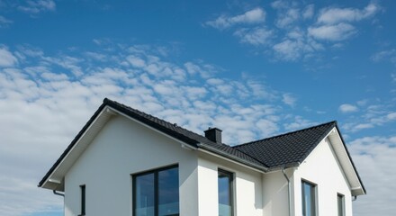 Modern white house with dark roof against a bright blue sky, showcasing contemporary architecture and clean lines