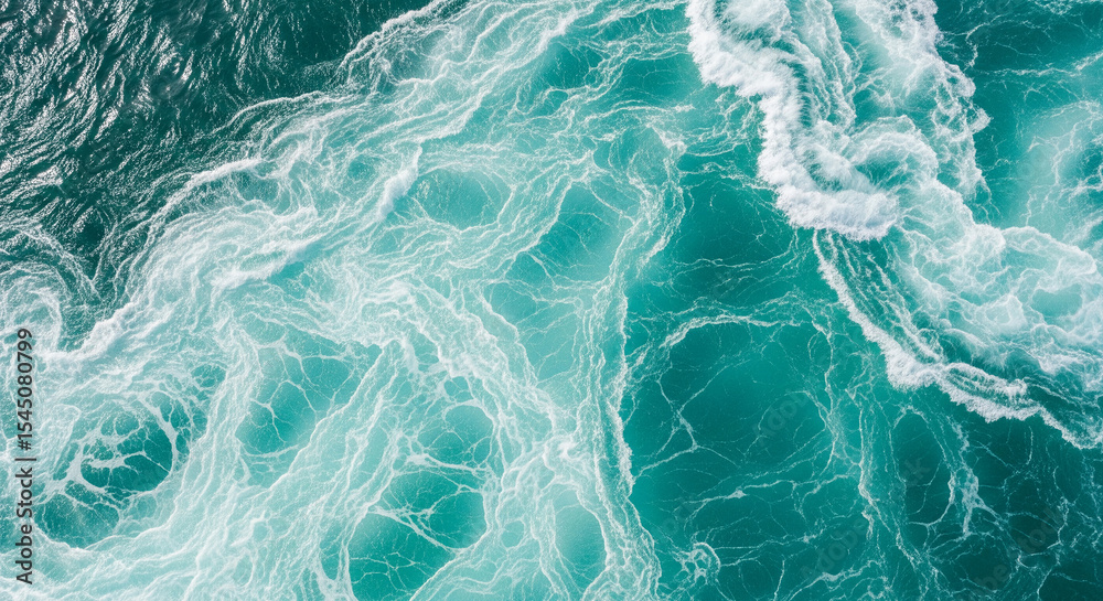 Poster aerial view of turquoise ocean water with white foam patterns, depicting dynamic movement and natura