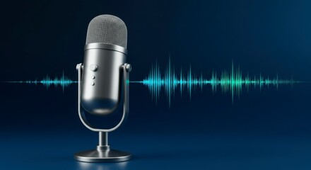Vintage microphone against a backdrop of audio waves