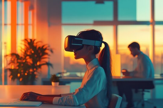 Woman uses VR headset while working on a computer in a modern office at sunset.