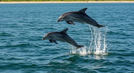 Fototapeta premium Two dolphins leaping in the ocean (1)