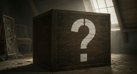 Wooden box with question mark in attic