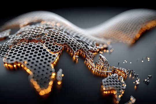 Futuristic Metallic Earth Map with Golden Data Flow - Powered by Adobe