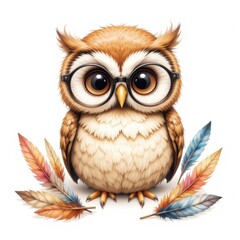 Cute Owl with Glasses and Colorful Feathers on White Background