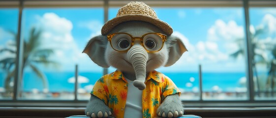 Baby elephant traveling to a warm sea. Illustration on the theme of cartoons and humor, laughter and tourism.