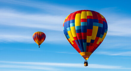 Fototapeta premium Two hot air balloons soar against a clear blue sky, showcasing vibrant colors and a sense of adventure and freedom