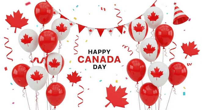 Canada Day Balloons and Confetti – 3D Party Celebration Design - Powered by Adobe