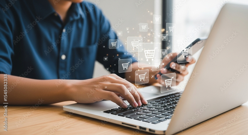 Poster Person using laptop and phone with shopping cart icons floating above the keyboard and the phone screen