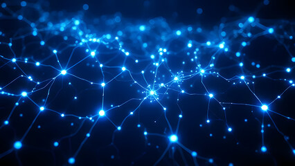 Abstract Neural Network: Glowing Blue Nodes and Connections in Dark Space.