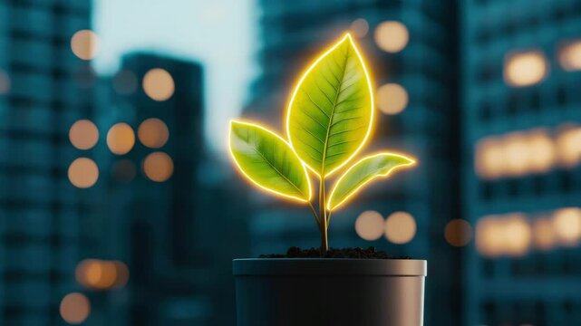 A small plant with glowing edges grows in a pot against a blurred cityscape background with bokeh lights.