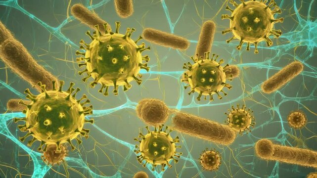 Microscopic animation of viruses and bacteria in a neural network environment, illustrating infection, disease transmission, and microbiological processes.