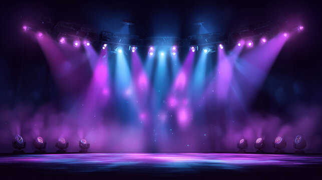 Elegant purple and blue stage background with spotlights, perfect for musical events or promotional banners. - Powered by Adobe