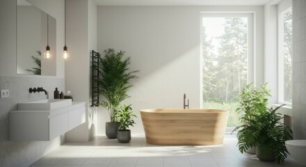 Modern bathroom with wooden bathtub, potted plants, and large window overlooking a tranquil forest