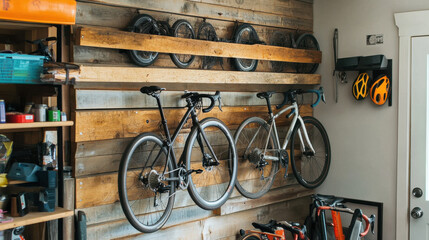 DIY enthusiasts installing a custom bike rack, using reclaimed wood for a rustic storage solution, high-resolution eco-friendly home setup —ar 16:9 