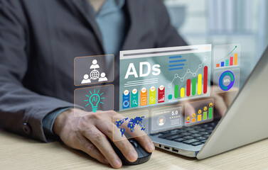 Businessman drives digital marketing by promoting products via social media, email, SEO, and content strategy developing goals for online growth and engagement.