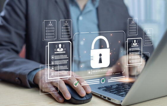 Businessmen verify document confidentiality systems with security software, protect themselves from cyber attacks, manage organizational documents and employee information, cybersecurity concepts. - Powered by Adobe