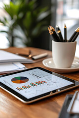 Tablet Screen with Stock Market Trends and Financial Data in a Business Meeting