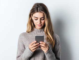 Fototapeta premium Young woman absorbed in her phone while wearing cozy sweater indoors
