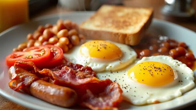 Delicious Full English Breakfast:  Fried Eggs, Bacon, Sausage, Beans, Toast - Restaurant Menu, Food Blog, Cookbook