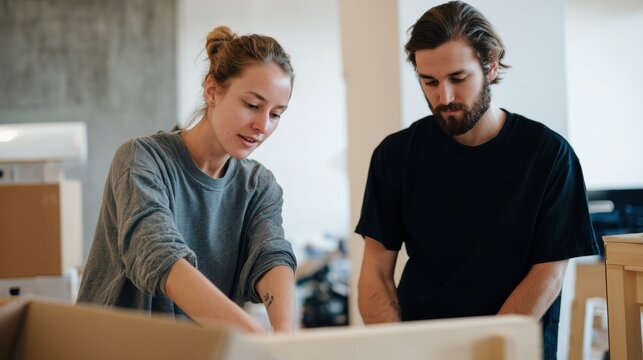 Two individuals collaboratively unpacking boxes in a bright, modern workspace during daylight hours - Powered by Adobe