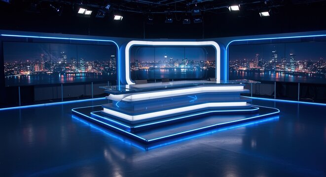 Modern news studio background virtual set design for television broadcasting and presentation stage