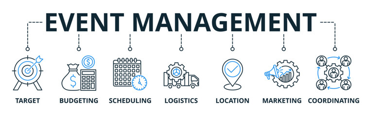 Event Management web banners concept vector illustration with keywords and icons	