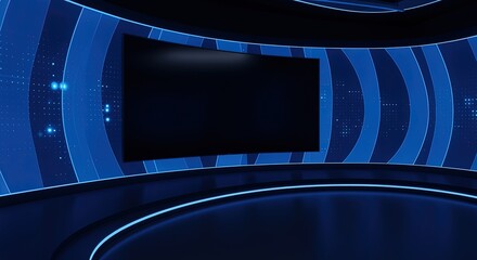 Blue virtual studio background for tv show news broadcast with blank screen and modern design elements