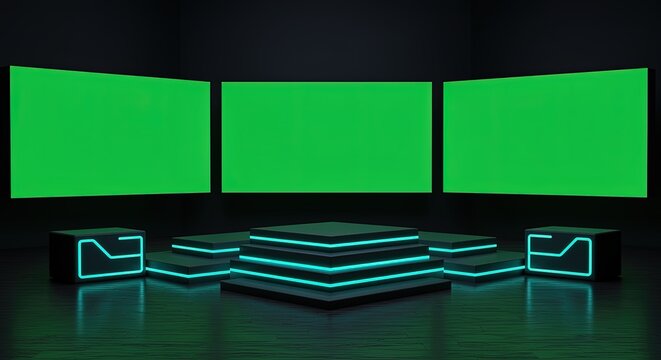 Green screen studio background with neon lighting and stage for virtual production and presentation