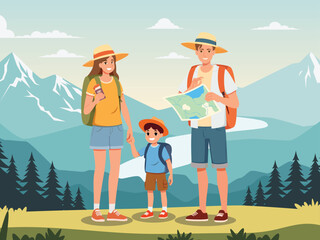 Happy tourist with Large travel bag pack for travel and exploring the beach. The lovers holding map and passport, smiling. Summer vacation and tropical travel concept illustration.-Travel