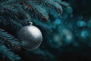 Sparkling silver ornament hanging from a pine tree branch surrounded by soft blue bokeh lights in a tranquil winter setting