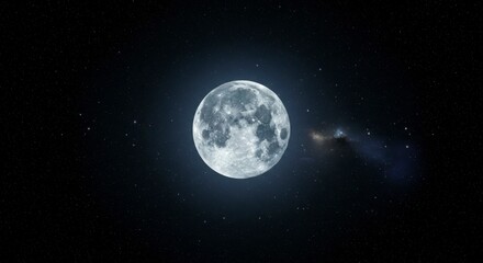 Naklejka premium A luminous full moon in a dark night sky with twinkling stars and a distant nebula glow