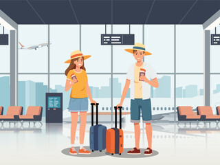 Happy tourist with Large travel bag luggage for travel and exploring the beach. The lovers holding map and passport, smiling. Summer vacation and tropical travel concept illustration.