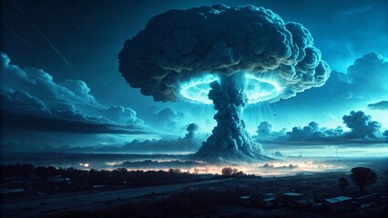 Nuclear Explosion Over City with Massive Fireball and Destruction