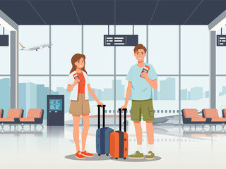 Happy tourist with Large travel bag luggage for travel and exploring the beach. The lovers holding map and passport, smiling. Summer vacation and tropical travel concept illustration.