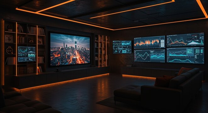 Modern trading room setup with multiple screens displaying stock market data and city skyline view