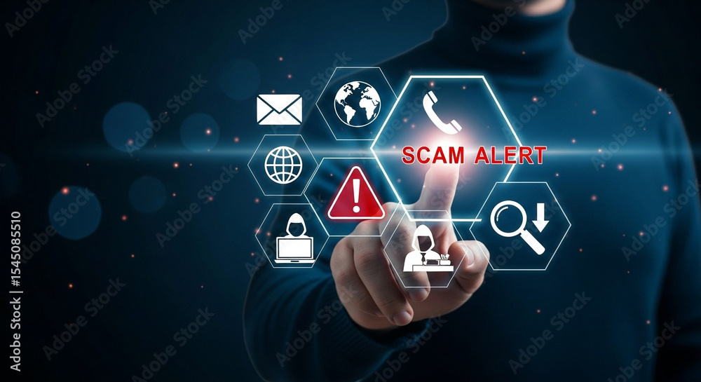 Aufkleber man pointing at scam alert icons on a digital interface against a dark blue background