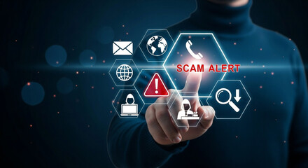 Man pointing at scam alert icons on a digital interface against a dark blue background
