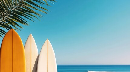 the scene depicts three items used to ride waves, standing vertically against a bright, cloudless sky