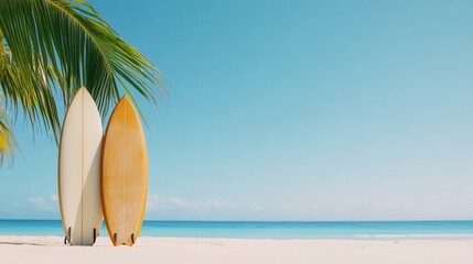 the photograph features two standing boards near a palm tree on a sandy beach. one board is a light cream color, while the other is a warm yellow hue