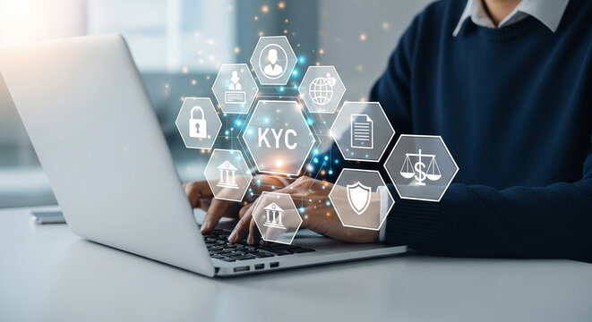 Person typing on laptop with kyc and financial icons floating above the keyboard on a white desk