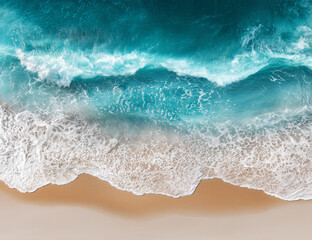 Minimalist Aerial View of a Blue Ocean Wave Breaking on a Sandy Beach. Aerial view of whitecaps and blue ocean water.