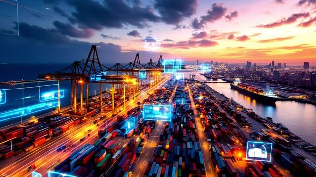 Smart port logistics and global trade at sunset