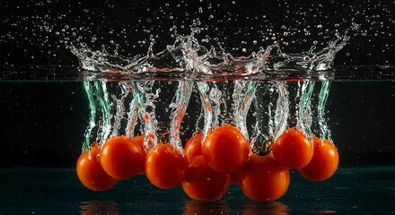 Cluster of red tomatoes splashing into water, creating dynamic water droplets and spray against dark background