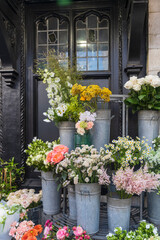 A large assortment of colorful cut flowers and greenery are arranged in galvanized metal buckets outside a flower shop, with a decorative window in the background.