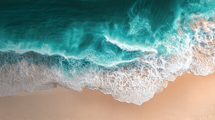 Minimalist Aerial View of a Blue Ocean Wave Breaking on a Sandy Beach. Aerial view of whitecaps and blue ocean water.
