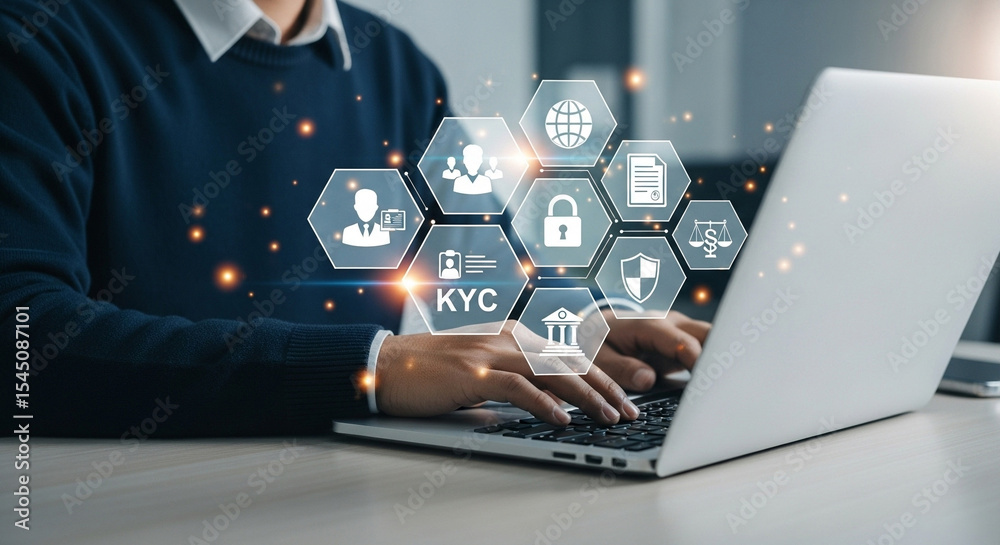 Fototapete person typing on laptop with kyc and security icons hovering above the keyboard in a digital overlay